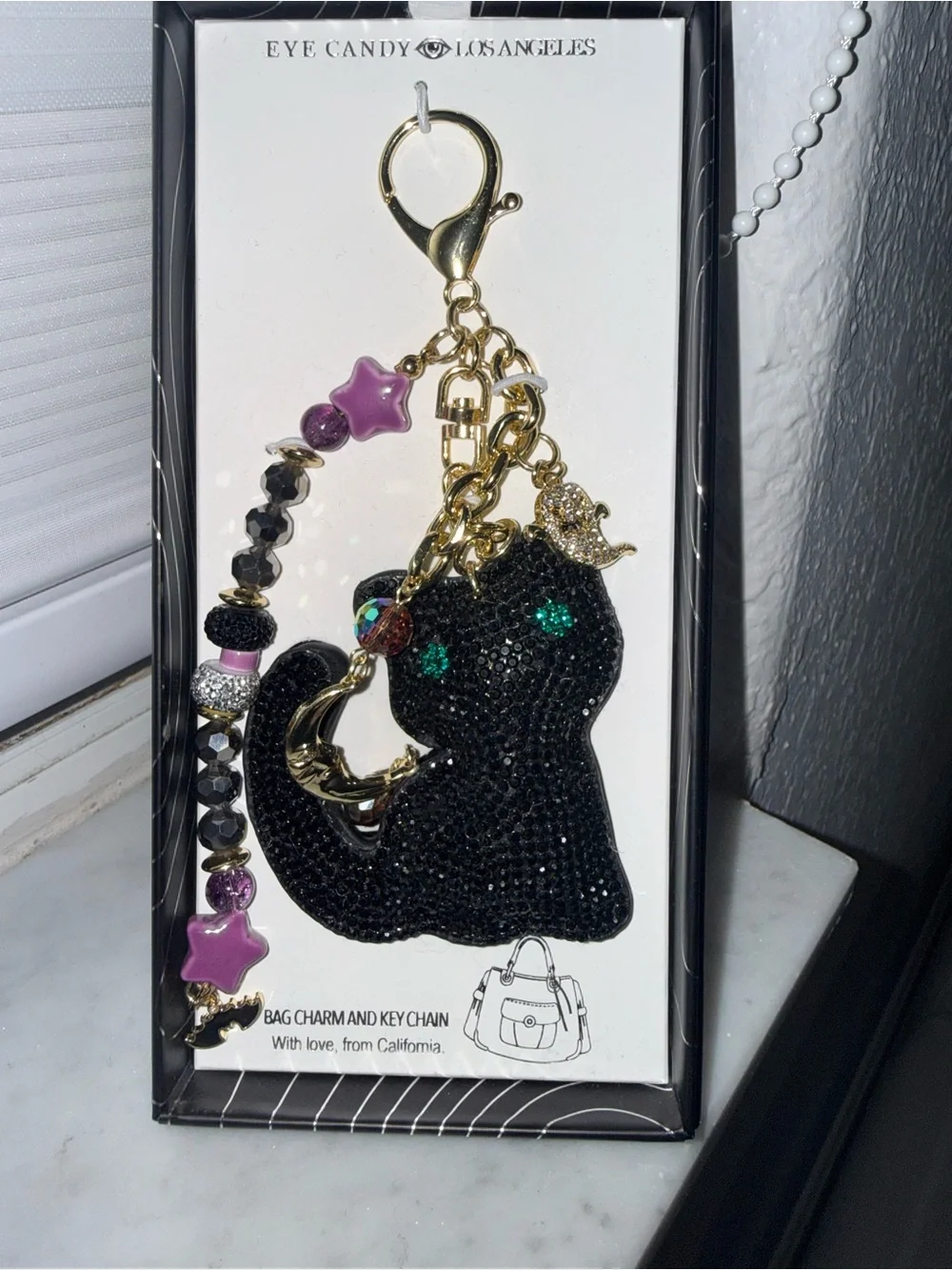 Black Cat Crystal Bag Charm Keychain